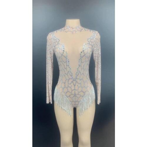 Women New Silver Shiny Rhinestones Fringes Backless Transparent Net Bodysuit Dancer DS Wear Birthday Celebrate Outfit Bodysuit