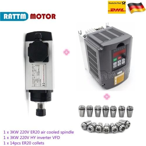 CNC Lathe Spindle Kit Air cooled 3KW ER20 220V 4bearing & 3KW HY Variable Frequency Inverter VFD & 1 set ER20 collect