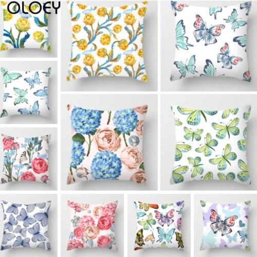 Animal Butterfly Love Flower Print Decorative Cushion Cover Pink Polyester Sofa Throw Pillow Case Living Room Decoration 45X45CM