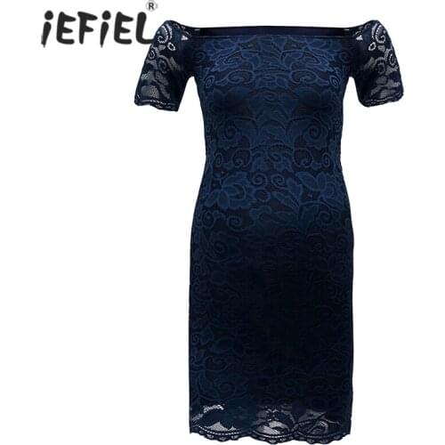 Elegant Maternity Floral Lace Overlay Dresses Pregnant Women Solid Color Off Shoulder Dress Photography Dress for Cocktail Party