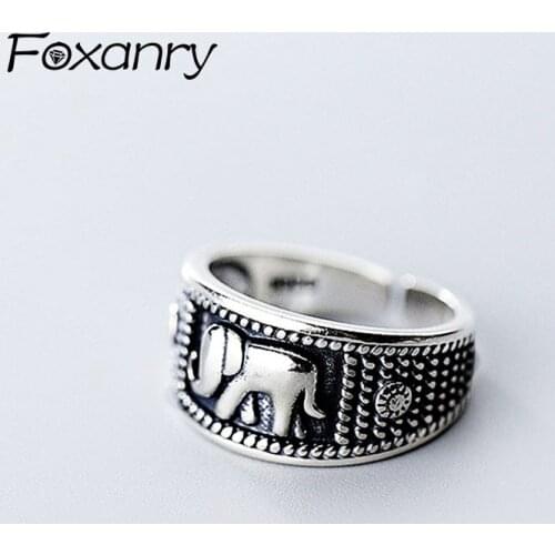 Foxanry 925 Sterling Silver Animal Rings New Fashion Cute Elephant Vintage Handmade Thai Silver Party Jewelry Gifts for Women
