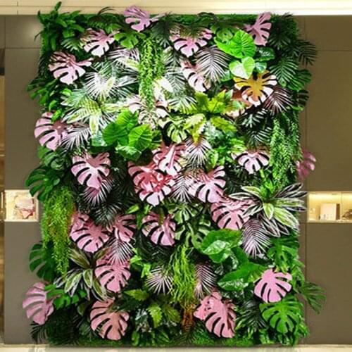 Customized Artificial Plant Wall Panels Green Plastic Lawn Tropical Leaves Eucalyptus Clover Fern Leaf Wedding Home Decoration
