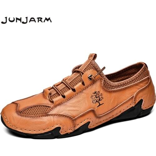 JUNJARM Brand Men Casual Shoes Split Leather Outdoor Casual Sneak Breathable Handmade Loafers Driving Shoes Big Size 38-48