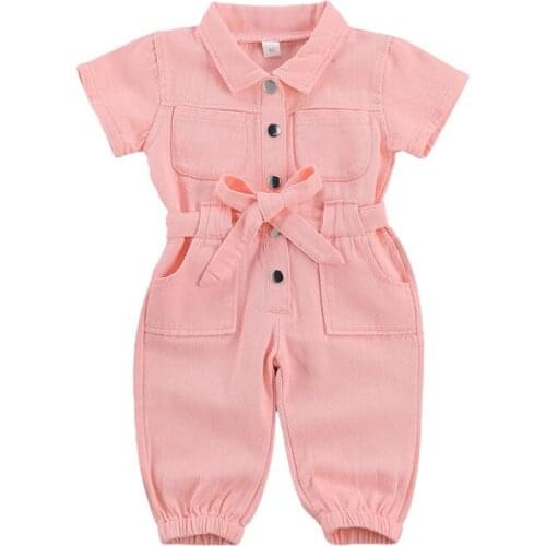 Infant Kids Baby Girls Denim Jumpsuit Work Clothes Toddler Standing Collar Pocket Short Sleeve Romper for Children