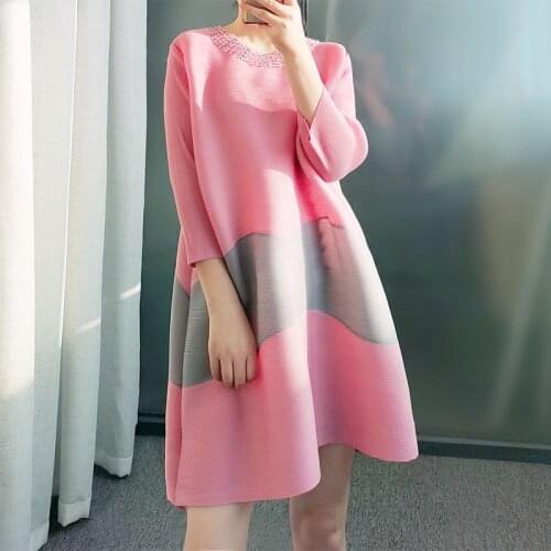 Beading Round Neck Plus Size Dress for Women Summer Hit The Color Loose Casual Miyak Pleated A-Line Dresses Female Vestidos