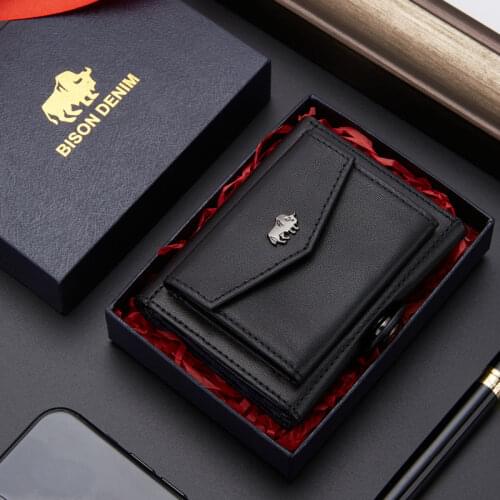 BISON DENIM men Genuine leather short slim wallet with coin pocket trifold rfid blocking card holder wallet 9x1x7cm W4530