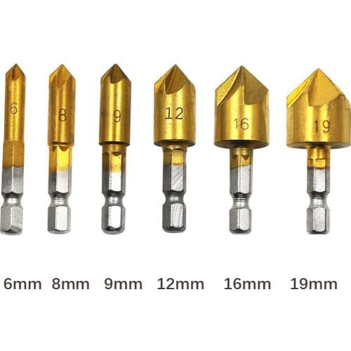 3/6pcs HSS Chamfer Countersink Chamfer Drill Bit 1/4" Hex Shank 90 Degree Wood Chamfering Cutter 6mm-19mm