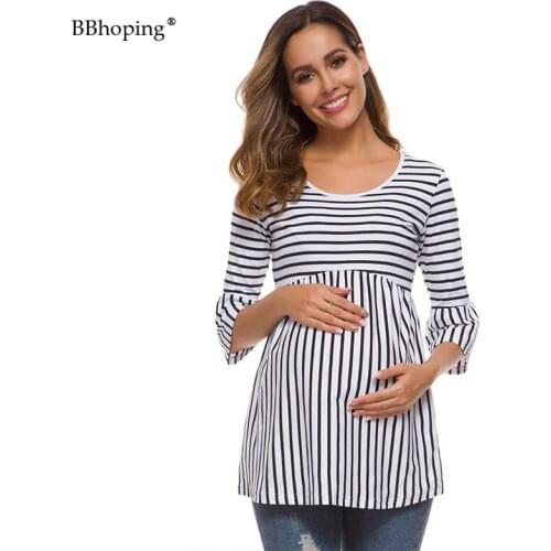 Maternity 3/4 Bell Sleeve O Neck Ruffles Striped Maternity Loose Casual Tunic Top Blouse Soft Pregnant Shirt Side Ruched Mom Tee