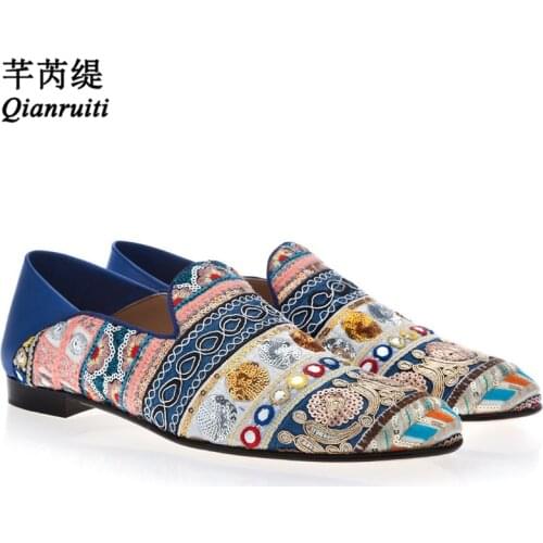 Qianruiti Colorful Ethnic Embroidered Sequined Loafers Slip-on Mules Bohemia Style Glitter Casual Slippers Men Prom Party Shoes