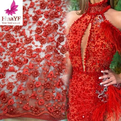 Luxury Red Heavy 3D Flower Mesh Lace HandWork Beaded Tulle Fabrics For Wedding Dress HY1049