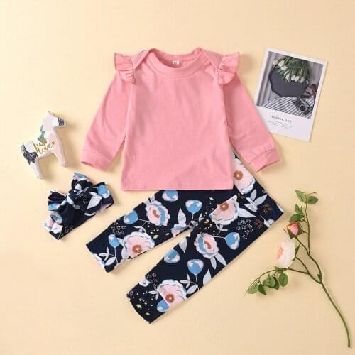 Spring Fall Cotton Toddler Girl Clothes Set 3 Piece Sweet Solid Long Flying Sleeve Tops+flower Print Trousers+bow Headband 1-3Y