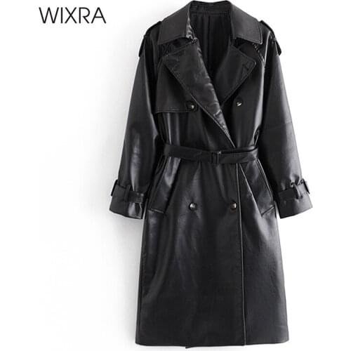 Wixra Womens Faux Leather Long Jackets PU Coat Windbreaker Solid Outerwear With Belt Cool High Street Autumn Spring