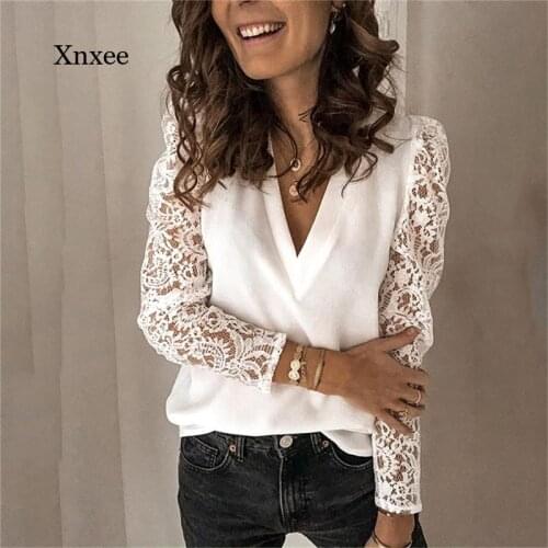 V Neck Pullover Tops Lace Long Lantern Sleeve Women Shirts Casual Solid Blous Chiffon Plus Size T-Shirt Loose Women Clothing