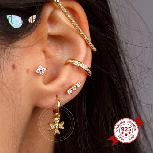 925 Sterling Silver Ear Buckle Hoop Earrings For Women Crystal Earrings Girl Ear Bone Pierced Earrings Delicate Flower Pendant