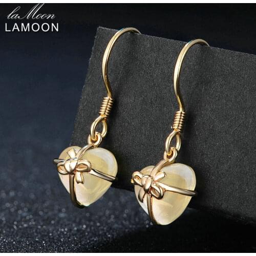 LAMOON Romantic Heart 100% Natural Citrine 925 Sterling Silver Jewelry 14K Yellow Gold Plated Drop Earrings S925 LMEI013