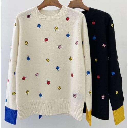 Fashion ladies 2021 new long-sleeved sexy casual color contrast printed cashmere sweater 1013