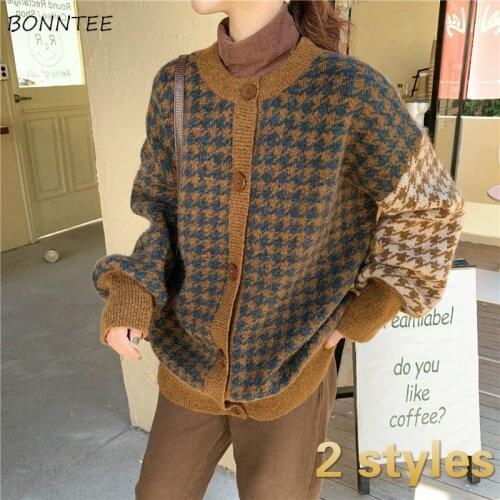 Sweaters Women Knitted Fashion Retro Aesthetic Cardigan All-match Loose Mujer Houndstooth Teens Vintage Popular Design Patchwork