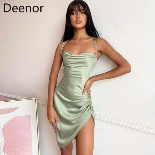 Deenor Satin Women Strap Mini Dress Ruched Lace Up Cross Bandage Backless Bodycon Sexy Party Elegant 2020 Club Christmas Slim
