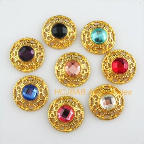 16Pcs Gold Color Flower Mixed Round Crystal Charms Connectors 18mm