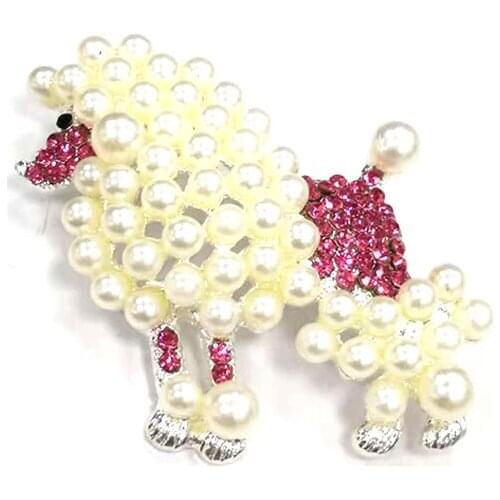 20pcs/lot free shipping 60mm cute pearl pink and crystal poodle dog animal Jewelry ornament shining Rhinestone Pin Brooches
