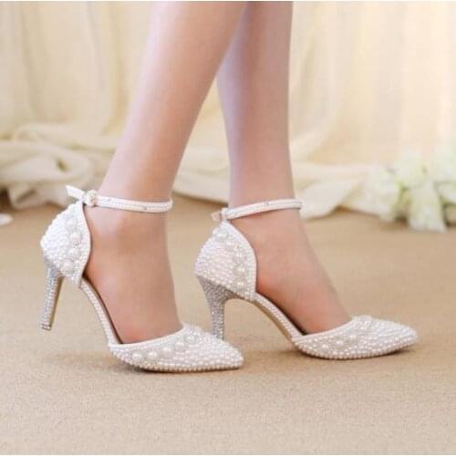 2021 Summer High Heeled Sandals Handmade Crystal Pearl Ankle Strap Wedding Shoes White Bride Shoes Woman Rhinestone Lady Pumps