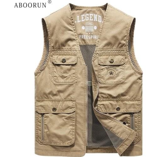 ABOORUN Mens Summer Cotton V Neck Vest Multi Pockets Photograph Waistcoat Casual Sleeveless Coat for Male