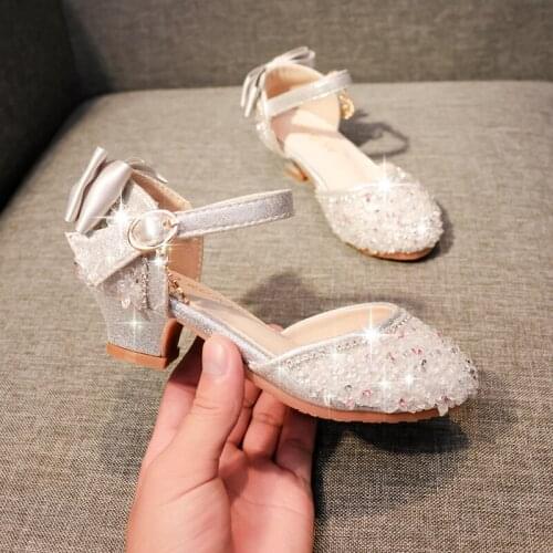 Kids Girls Shoes Sandals Bling Shiny Rhinestone Bow Princess High Heels Dance Shoes Girls Children Waterproof Antiskid Footwear