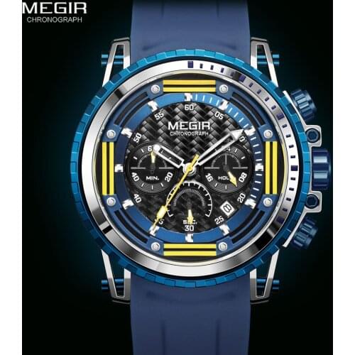 MEGIR Military Sport Watch for Men Chronograph Wristwatch Blue Silicone Strap Waterproof Quartz Watches часы мужские relogio