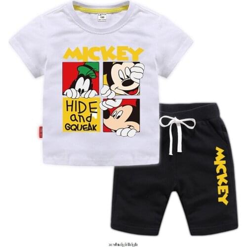 Disney Mickey Summer New Clothing Childrens Short Sleeve Top + Shorts Set Cotton Casual Baby Boys Girls T-shirt Two Piece Set