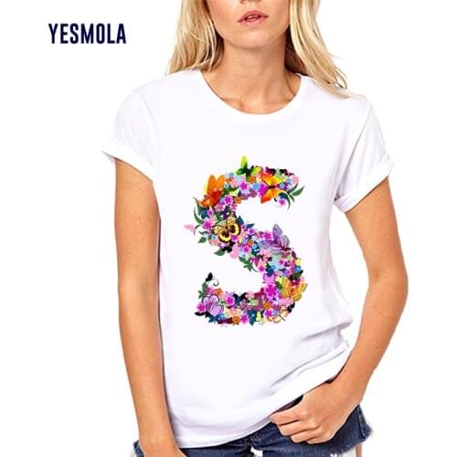 YESMOLA Womens T-shirt Floral Flower Letter Female Cotton O-neck Men Women Casual Tees Top Summer Tops Tees