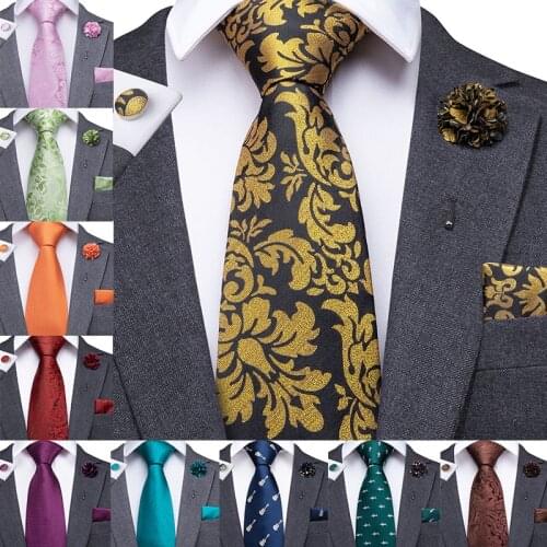 Hi-Tie Boutonniere Handky Cufflinks Set Ties For Men 100% Silk Paisley Floral Colorful Pink 17 Styles Mens Tie For Wedding
