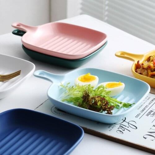 Nordic Ceramic Striped Baking Tray Square with Handle Storage Tray Multi-function Kitchen Living Room Dessert Plate Baking Tray