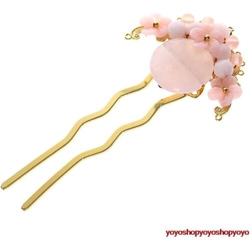 China JIANGNAN vintage nature jade pink hairgrips "U"hairpins sticks hanfu kimono cosplay Chinese accessories