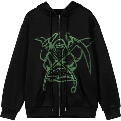 Gothic Hooded Jacket Portrait Demon Print Long Sleeve Zip-up Top Coat Streetwear with Pockets Y2K Hip Hop Men Women Sweatshirt