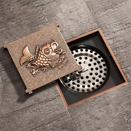 10x10cm Shower Drain Square Bathtub Drain Filter Hair Antique Brass Fish Carving Bathroom Floor Drain Drain Douche Accessoire