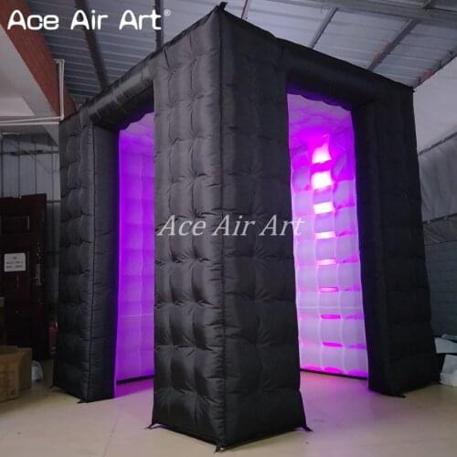 Mobile square LED show display popular black cube inflatable photo booth,white interior self kiosk with 10 pcs led buls for sale