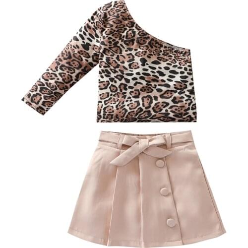 2021 1-7Y Fashion Kids Girl Clothing Set Leopard Print Long Sleeve One Shoulder Top+Pink Solid Button A-line Skirt With Belt Set