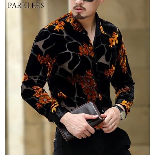 Gold Floral Embroidery Men Lace Shirt 2018 Luxury Brand Mens Dress Shirt Transparent Sexy Male High Quality Shirt Camisa Social