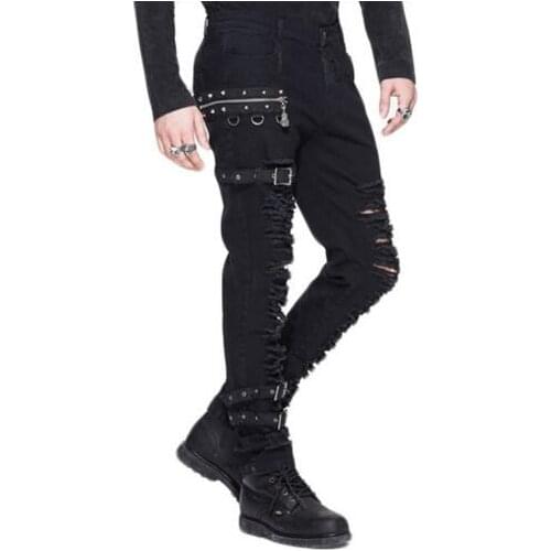 Steampunk Man Winter Casual Black Pants Gothic Personality Mens Long Trousers Slim Fit Hole Pencil Pants Slight Elastic S-3XL