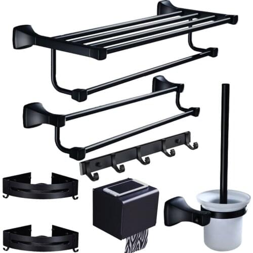 Bath Hardware Set Aluminum Towel Rack Towel Bar Corner Shelf Paper Holder Toilet Brush Holder Nail Punched Black Free Shipping