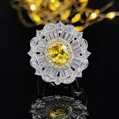 2021 New Luxury Yellow Color Flower 925 Sterling Silver Engagement Ring for Women Anniversary Gift Jewelry Wholesale R6283