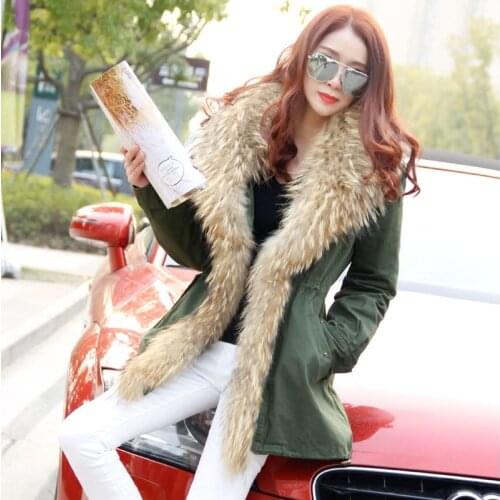 Maomaokong 2020 new Large raccoon fur collar coat with faux fur lining long green winter jacket female