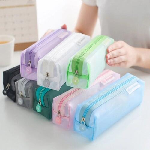 School Mesh Pencil Cases Kawaii Cute Solid Color Transparent Pencil Box School Student Pen Bag Supplies Lapis Stationery 05170