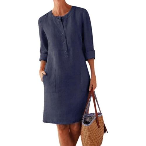 Women Casual Long Sleeve Buttons Pockets Cotton Linen Loose Knee-length Dress Dresses Woman Summer 2021