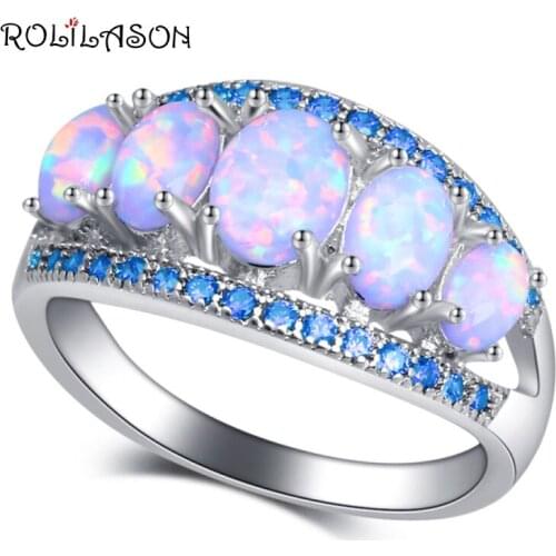 ROLILASON Special desgin White Fire Opal blue crystal Fashion Jewelry for Women Silver Rings USA Size #6#7#8#9#10 OR906