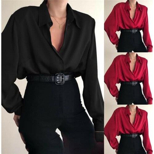 Kayotuas Women Shirt New Fashion Autumn Blouse Lapel Long Sleeve Solid Black Red Ladies Female Top Clothing Streetwear