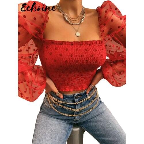 Solid Sexy Sheer Mesh Puff Sleeve Polka Dot Print Girdle Top Casual Square Collar Long Sleeve Skinny Waist Crop Top Blouse Club