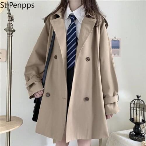 Mid-length trench coat Harajuku preppy Style double-breasted loose notched collar Japanese style coat Korea vintage womens coat