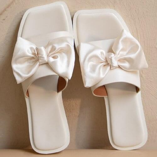 Womens natural suede leather slip-on flats summer outdoor slides bowtie korean style sweet ladies casual daily sandals shoes