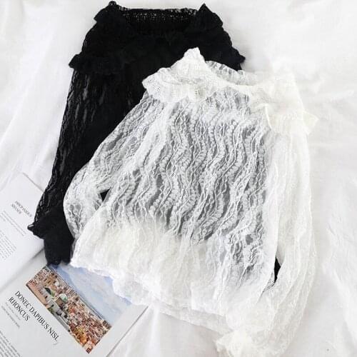 Women Summer Flare Sleeve Basic Peter Pan Collar Embroidery Lace Flower Ruffles Shirt Vintage Slim Elastic Pullover Blouse Tops